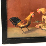 Allegorical Rooster Drama with Statue, Strange Antique Oil on Canvas, Framed
