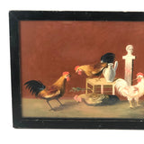 Allegorical Rooster Drama with Statue, Strange Antique Oil on Canvas, Framed