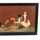 Allegorical Rooster Drama with Statue, Strange Antique Oil on Canvas, Framed