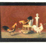 Allegorical Rooster Drama with Statue, Strange Antique Oil on Canvas, Framed