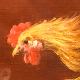 Allegorical Rooster Drama with Statue, Strange Antique Oil on Canvas, Framed