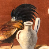 Allegorical Rooster Drama with Statue, Strange Antique Oil on Canvas, Framed