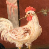 Allegorical Rooster Drama with Statue, Strange Antique Oil on Canvas, Framed