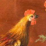 Allegorical Rooster Drama with Statue, Strange Antique Oil on Canvas, Framed