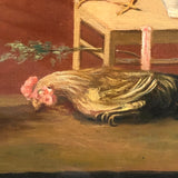 Allegorical Rooster Drama with Statue, Strange Antique Oil on Canvas, Framed