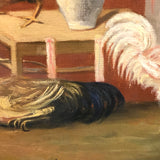 Allegorical Rooster Drama with Statue, Strange Antique Oil on Canvas, Framed