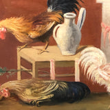 Allegorical Rooster Drama with Statue, Strange Antique Oil on Canvas, Framed