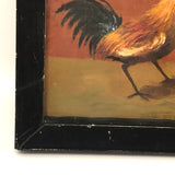 Allegorical Rooster Drama with Statue, Strange Antique Oil on Canvas, Framed