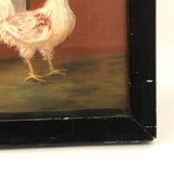 Allegorical Rooster Drama with Statue, Strange Antique Oil on Canvas, Framed