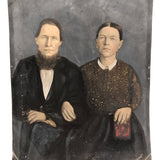 19th C. Folk Art Painted Full Plate Tintype of Stern Looking Couple with Bible (in Large Hand!)