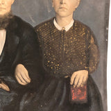19th C. Folk Art Painted Full Plate Tintype of Stern Looking Couple with Bible (in Large Hand!)