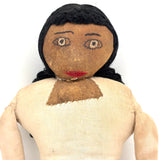Bright Eyed Large Presumed Inuit Cloth Doll with Embroidered Face on Hide and Yarn Hair
