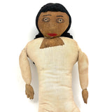 Bright Eyed Large Presumed Inuit Cloth Doll with Embroidered Face on Hide and Yarn Hair
