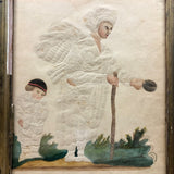 SOLD Fantastic Early 19th C. Pinprick Watercolor Portrait of Beggar and Child