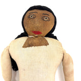 Bright Eyed Large Presumed Inuit Cloth Doll with Embroidered Face on Hide and Yarn Hair