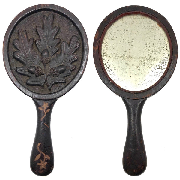 Wonderful Old Folk Art Oak Carved Hand Mirror with Acorns