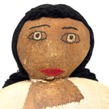 Bright Eyed Large Presumed Inuit Cloth Doll with Embroidered Face on Hide and Yarn Hair
