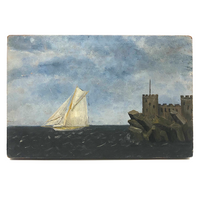 Ship and Castle, Old Folk Art Oil on Wood Panel Painting