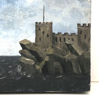 Ship and Castle, Old Folk Art Oil on Wood Panel Painting