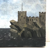 Ship and Castle, Old Folk Art Oil on Wood Panel Painting