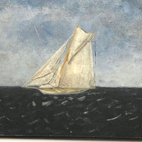 Ship and Castle, Old Folk Art Oil on Wood Panel Painting