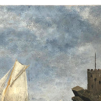 Ship and Castle, Old Folk Art Oil on Wood Panel Painting