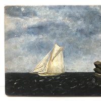 Ship and Castle, Old Folk Art Oil on Wood Panel Painting