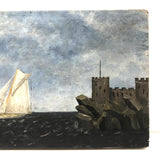Ship and Castle, Old Folk Art Oil on Wood Panel Painting