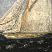 Ship and Castle, Old Folk Art Oil on Wood Panel Painting
