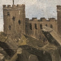 Ship and Castle, Old Folk Art Oil on Wood Panel Painting