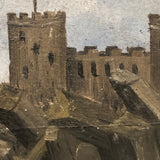 Ship and Castle, Old Folk Art Oil on Wood Panel Painting
