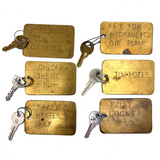 Evocative Combination, Set of Six Punched Type Old Brass (Factory?) Key Fobs with Keys