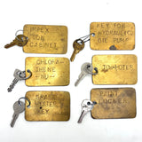 Evocative Combination, Set of Six Punched Type Old Brass (Factory?) Key Fobs with Keys