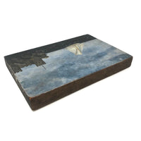 Ship and Castle, Old Folk Art Oil on Wood Panel Painting