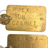 Evocative Combination, Set of Six Punched Type Old Brass (Factory?) Key Fobs with Keys