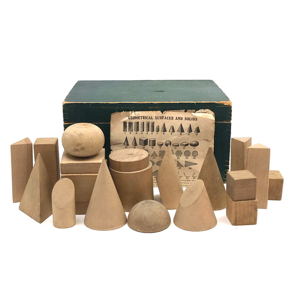 C. 1920s Milton Bradley Geometric Solids in Original Green Painted Box