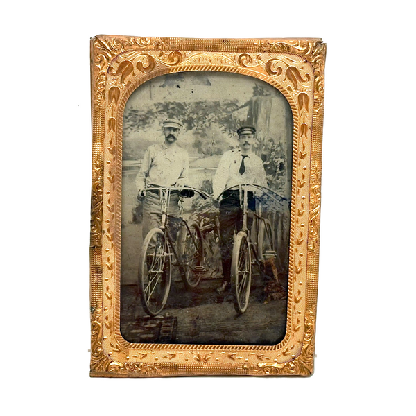 Two Young Men with Early Bicycles, c. 1880s-90s Tintype Under Glass in Foil Wrap