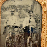 Two Young Men with Early Bicycles, c. 1880s-90s Tintype Under Glass in Foil Wrap