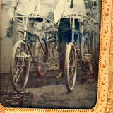 Two Young Men with Early Bicycles, c. 1880s-90s Tintype Under Glass in Foil Wrap