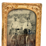 Two Young Men with Early Bicycles, c. 1880s-90s Tintype Under Glass in Foil Wrap