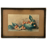 Red Cherries, Green Bowl, Lovely Arts and Craft Era Signed Watercolor in Original Frame