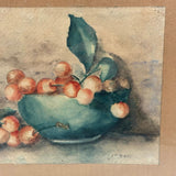 Red Cherries, Green Bowl, Lovely Arts and Craft Era Signed Watercolor in Original Frame