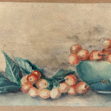 Red Cherries, Green Bowl, Lovely Arts and Craft Era Signed Watercolor in Original Frame