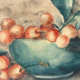 Red Cherries, Green Bowl, Lovely Arts and Craft Era Signed Watercolor in Original Frame