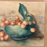 Red Cherries, Green Bowl, Lovely Arts and Craft Era Signed Watercolor in Original Frame