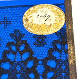 Three Antique French Black Lace Samples Mounted on Brilliant Blue
