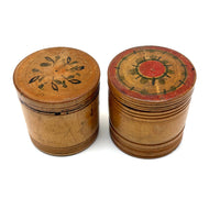 Lovely Pair of 19th Century Treen Boxes with Paint Decorated, Threaded Lids
