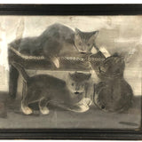 Three Kittens with String, Charming 19th C. Folk Art Sandpaper Drawing, Framed