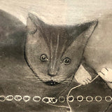 Three Kittens with String, Charming 19th C. Folk Art Sandpaper Drawing, Framed