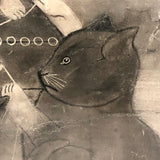 Three Kittens with String, Charming 19th C. Folk Art Sandpaper Drawing, Framed